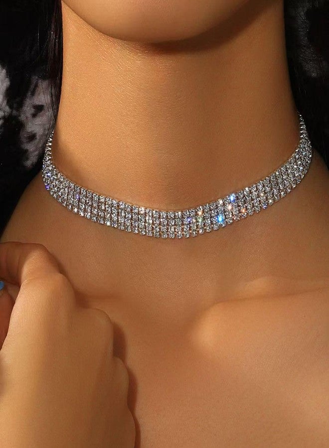 PINCHUAN Rhinestone Choker Necklaces for Women Silver Diamond Choker and Earring Prom Jewelry Set for Women Sliver choker Necklace Bridal Jewelry for Wedding Prom jewelry Gift-style B - Image 4